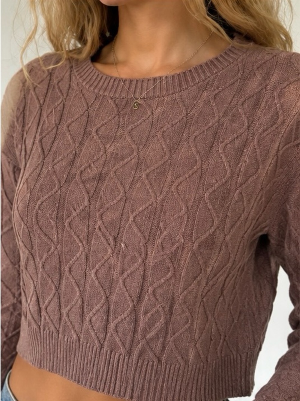 Aster Dusty Mauve Cable Knit Cropped Sweater Lightweight Crew Neck Size M